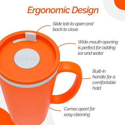Copco Cone Desk Mug, 16 oz (Set of 2) - Double Wall Insulated Mugs with Handle, Reusable Tumbler Set with Twist-Off Spill Resistant Lid, BPA-Free, Microwave & Dishwasher Safe (Orange/Mustard)