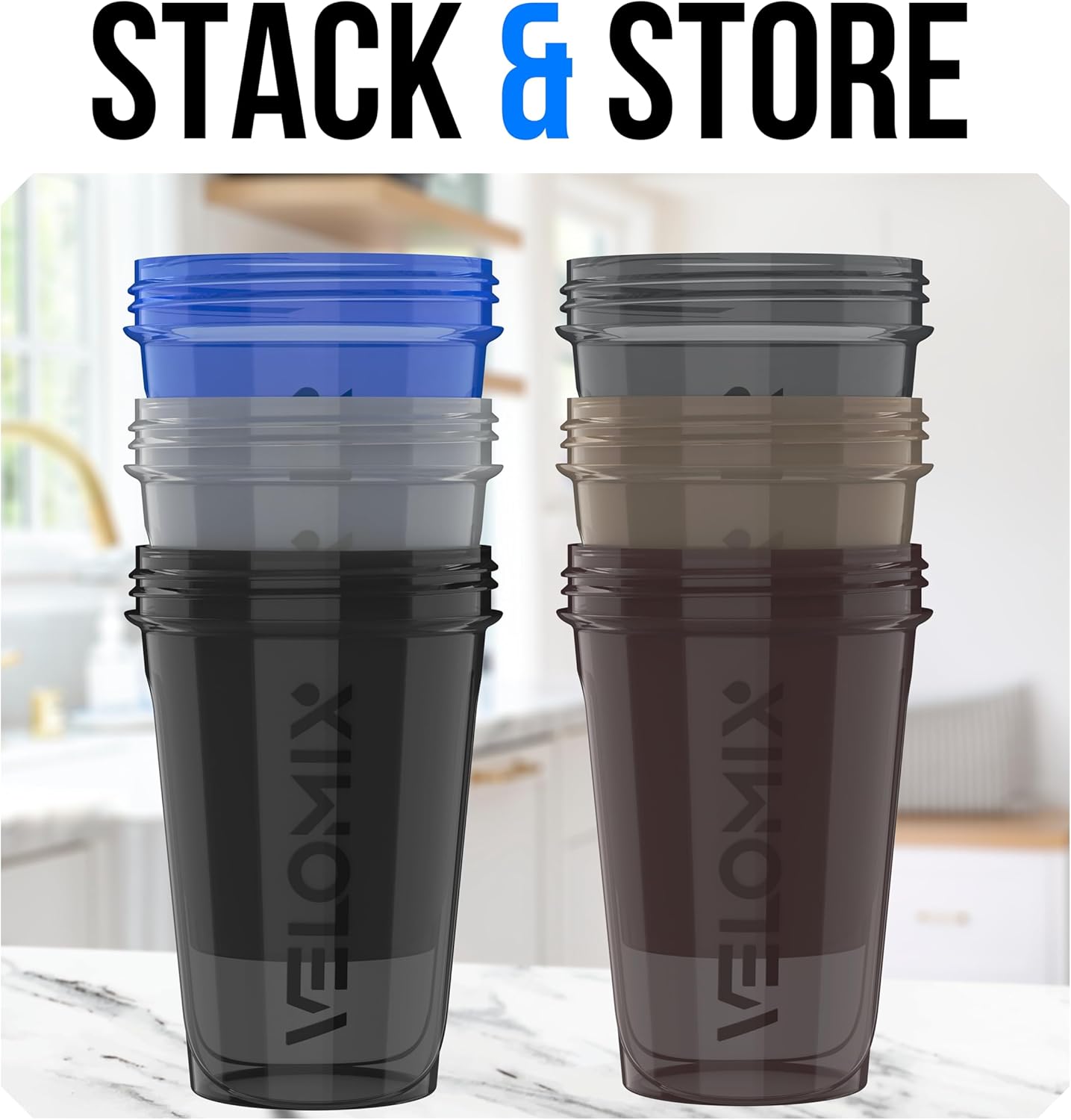 VELOMIX -6 PACK- 20 oz Protein Shaker Bottle for Protein Mixes - 6x Wire Whisk | Leak Proof Shaker Cups for Protein Shakes| Stackable Protein Shaker Bottle Pack | Dishwasher Safe (ALL IN BLACK)
