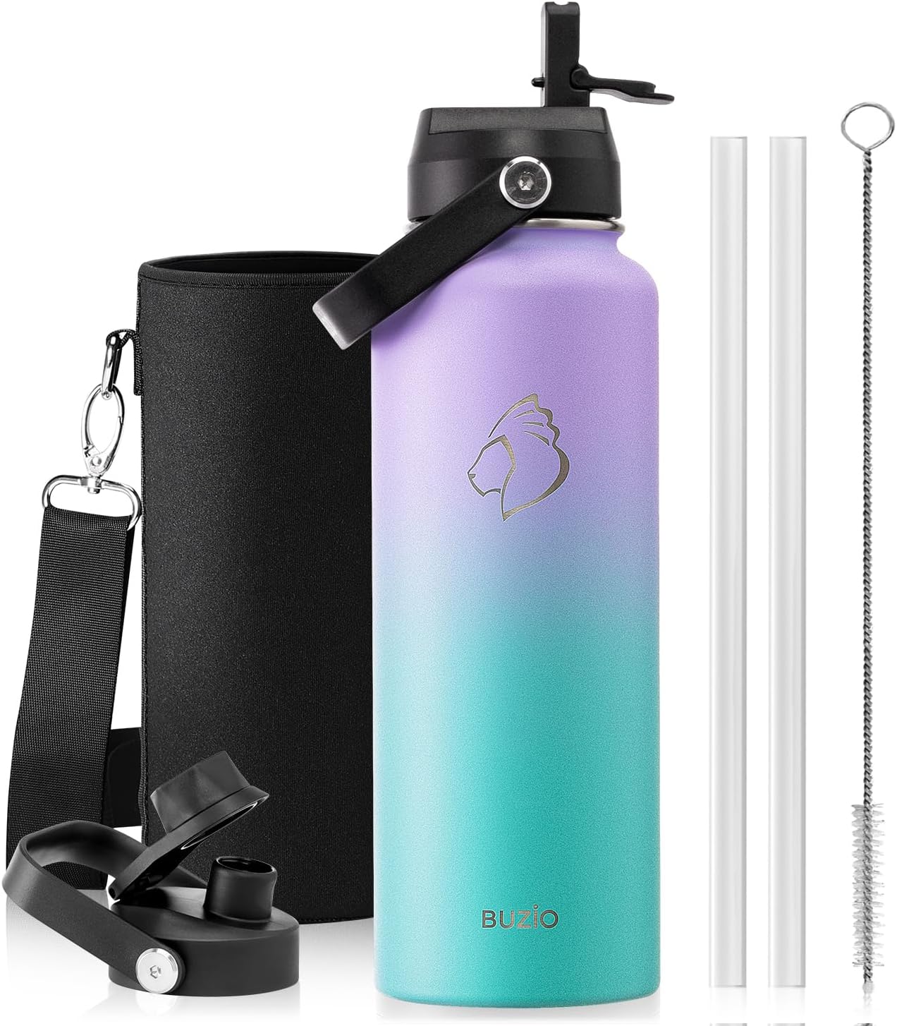 BUZIO 40oz Insulated Water Bottle, Triple Wall Vacuum Stainless Steel Water Flask with 2 lids, Lead-Free BPA-Free Straw Lid Sports Canteen Jug, Cold 48H & Hot 24H- Black - Colors B