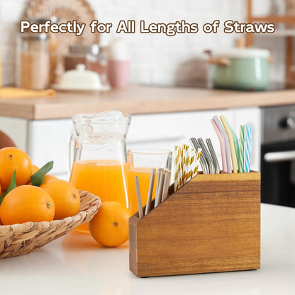 Straw Holder, Acacia Wood Straws Organizer, Cupboard Reusable Straws Dispenser for Kitchen Counter