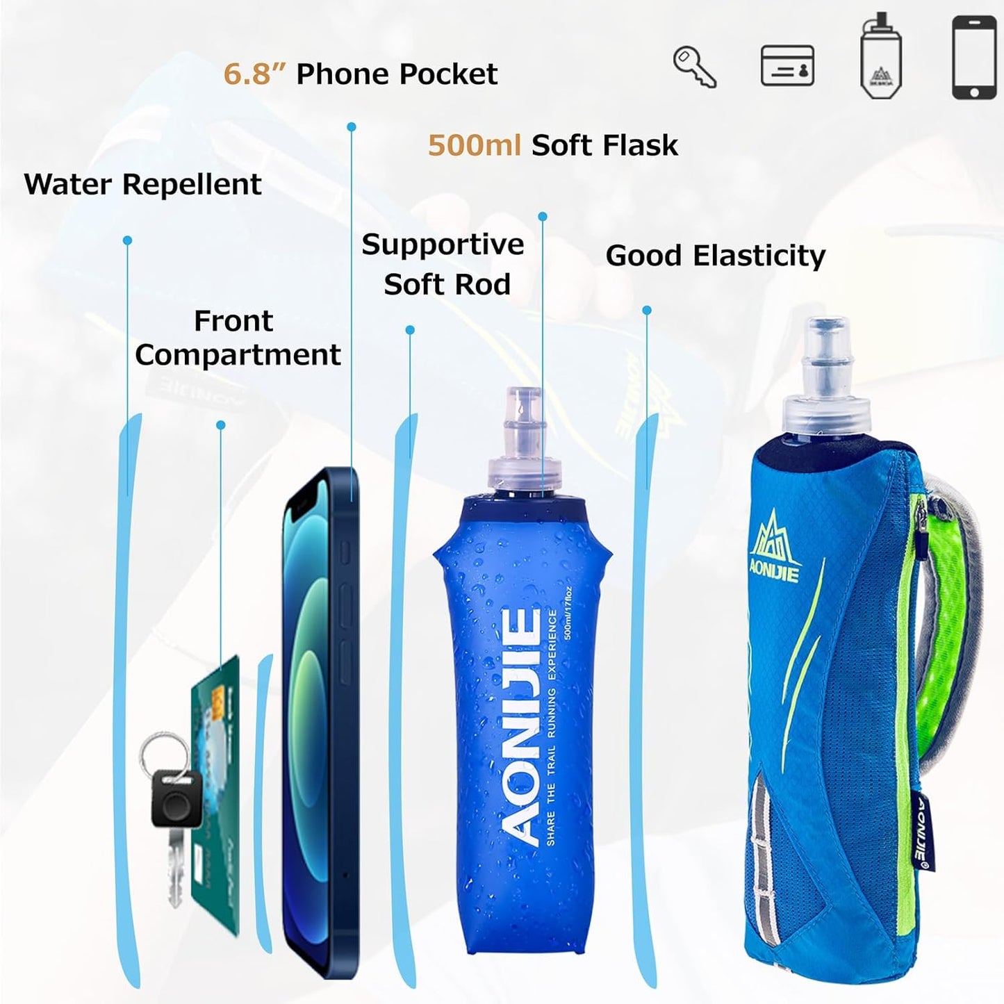 Azarxis TPU Soft Flask Collapsible Water Bottles BPA-Free 250ml 350ml 500ml for Hydration Vest Pack Running Hiking Cycling Climbing
