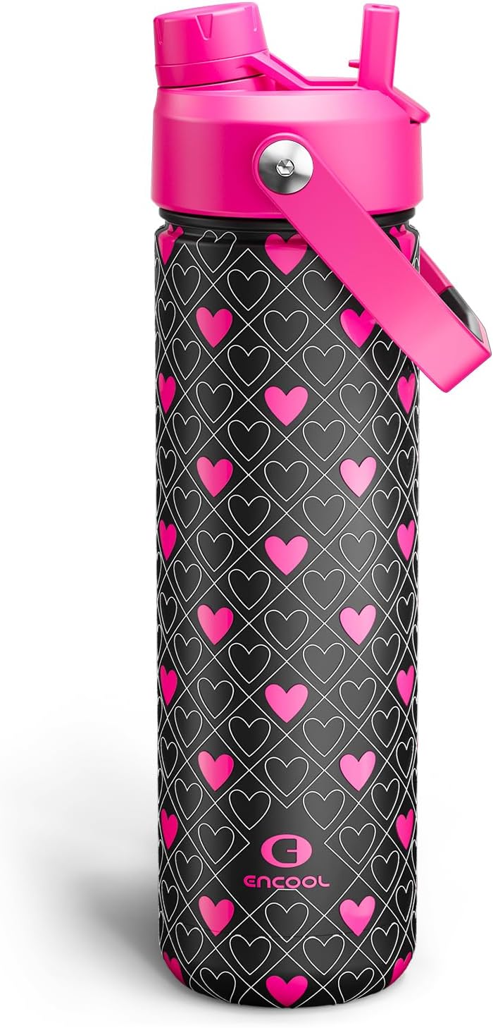 ENCOOL Insulated Water Bottle with Straw Stainless Steel Water Bottle, Leak-Proof, BPA-Free, Double Wall Vacuum Keeps Cold for 24 Hours for Sports, Travel, School (26 oz, Cotton Candy) - Colors B