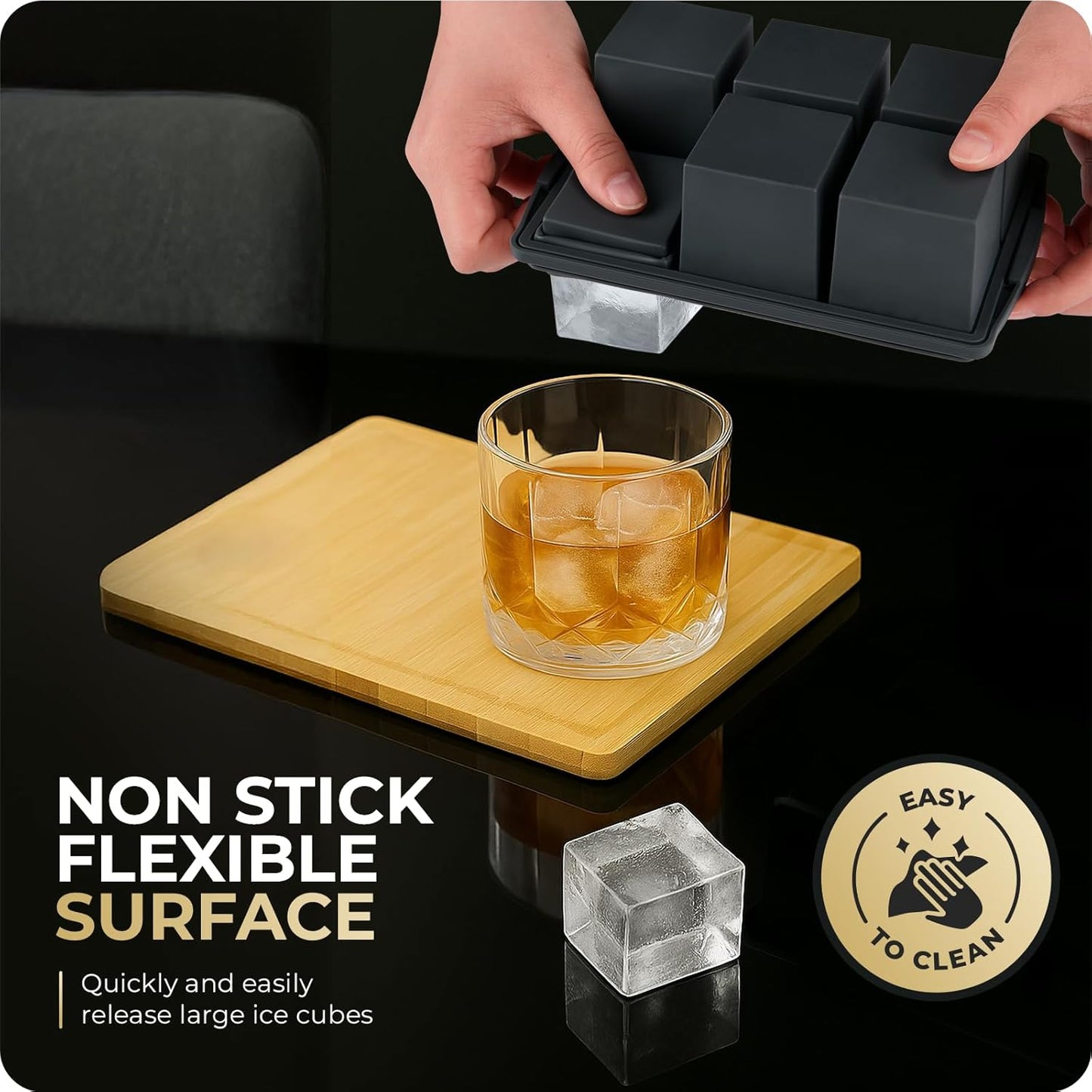 Large Ice Cube Trays for Whiskey, Silicone Ice Cube Tray, with Reinforced Steel Ring Top, Makes 12 perfect 2-in ice cubes, Square Ice Tray for Cocktails, Whiskey, Coffee. (2 Pack)