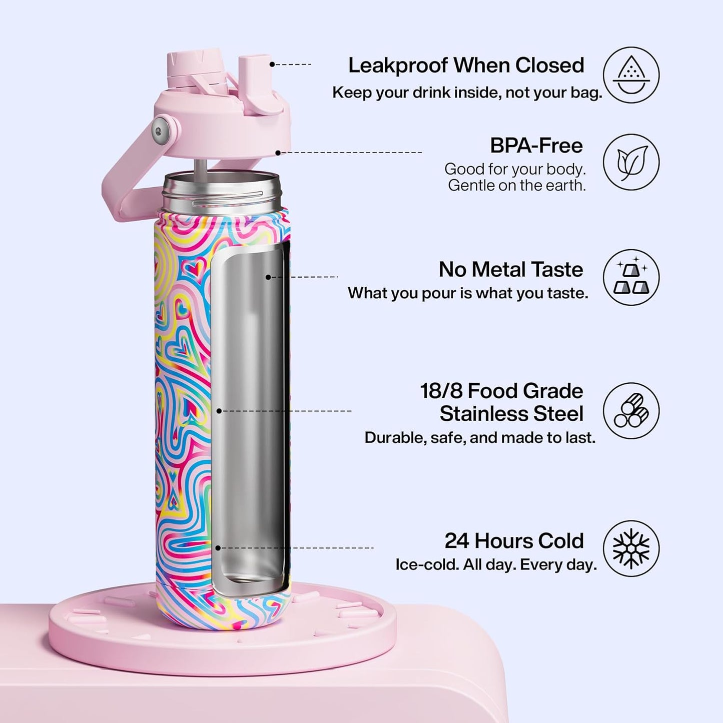 ENCOOL Insulated Water Bottle with Straw Stainless Steel Water Bottle, Leak-Proof, BPA-Free, Double Wall Vacuum Keeps Cold for 24 Hours for Sports, Travel, School (26 oz, Cotton Candy) - Colors B