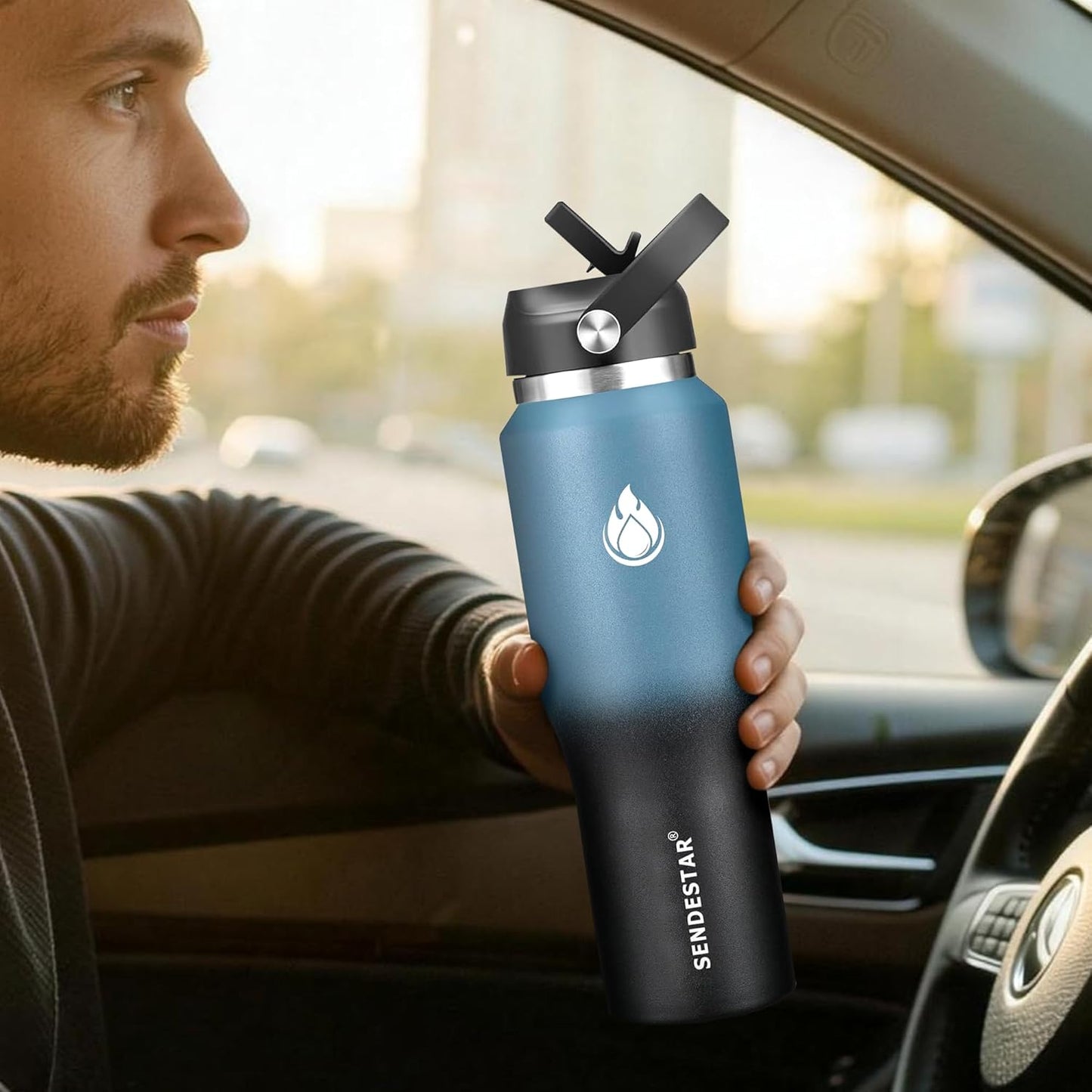 SENDESTAR 40oz Water Bottle Wide Mouth Stainless Steel Vacuum Insulated Double Wall with Straw Lids Fit in Any Car Cup Holder