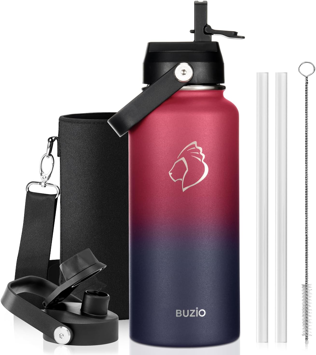 BUZIO 40oz Insulated Water Bottle, Triple Wall Vacuum Stainless Steel Water Flask with 2 lids, Lead-Free BPA-Free Straw Lid Sports Canteen Jug, Cold 48H & Hot 24H- Black - Colors B