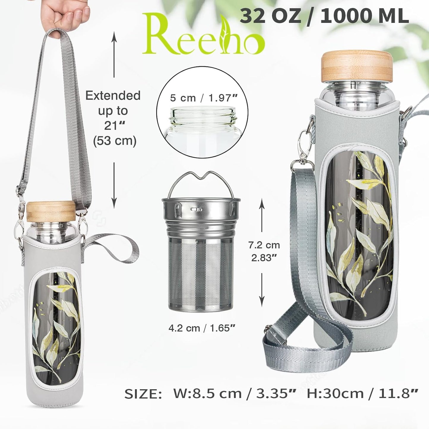 32oz Borosilicate Glass Water Bottle with Tea Infuser, Tea Tumbler with Strainer, Reusable Travel Mug with Sleeve & 2 Lids, Glass Drinking Bottle for Hot or Cold Drinks
