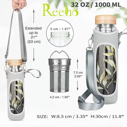 32oz Borosilicate Glass Water Bottle with Tea Infuser, Tea Tumbler with Strainer, Reusable Travel Mug with Sleeve & 2 Lids, Glass Drinking Bottle for Hot or Cold Drinks