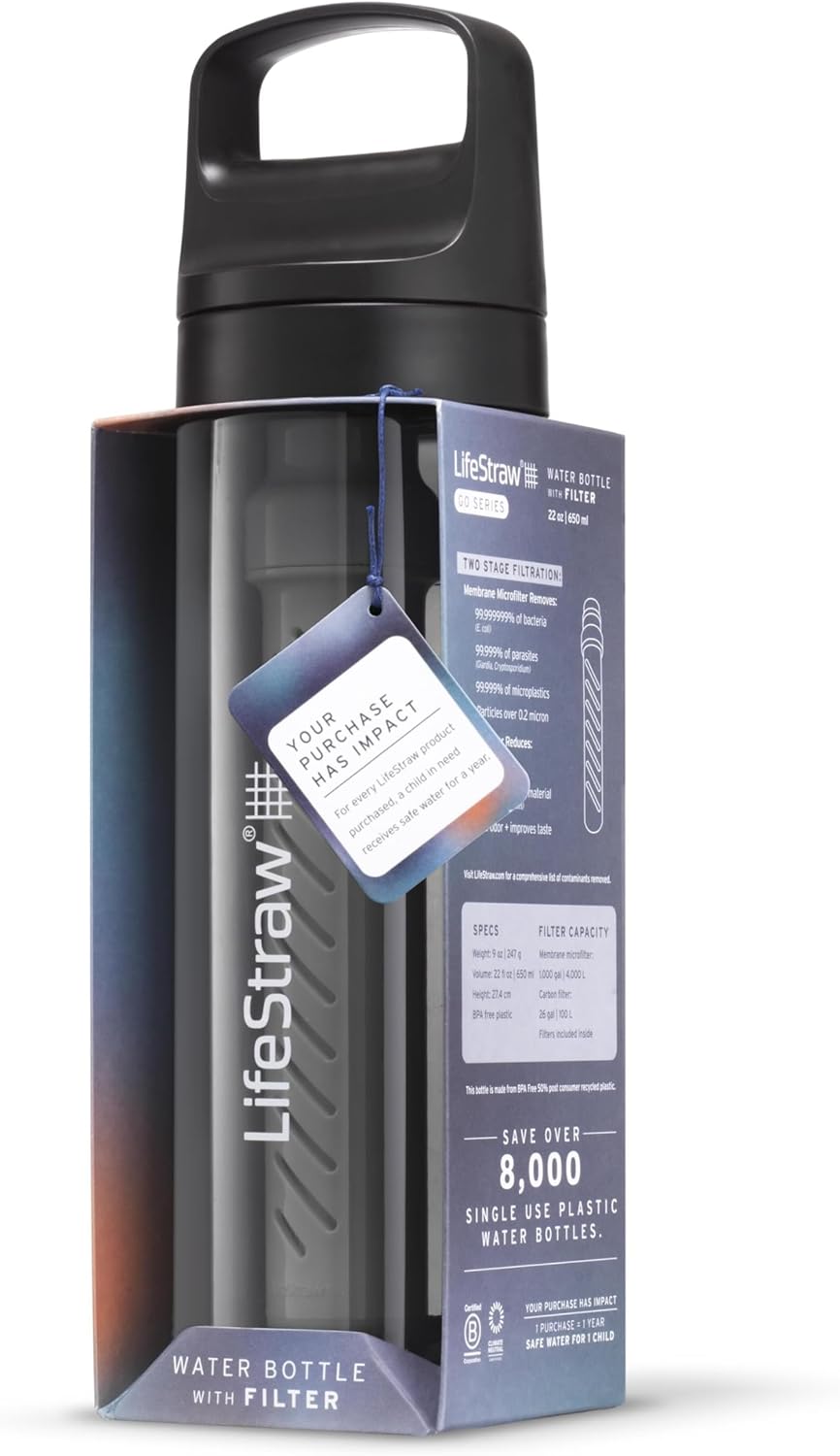 LifeStraw Go Series – BPA-Free Water Filter Bottle for Travel and Everyday use removes Bacteria, parasites and microplastics, Improves Taste, 22oz; Clear