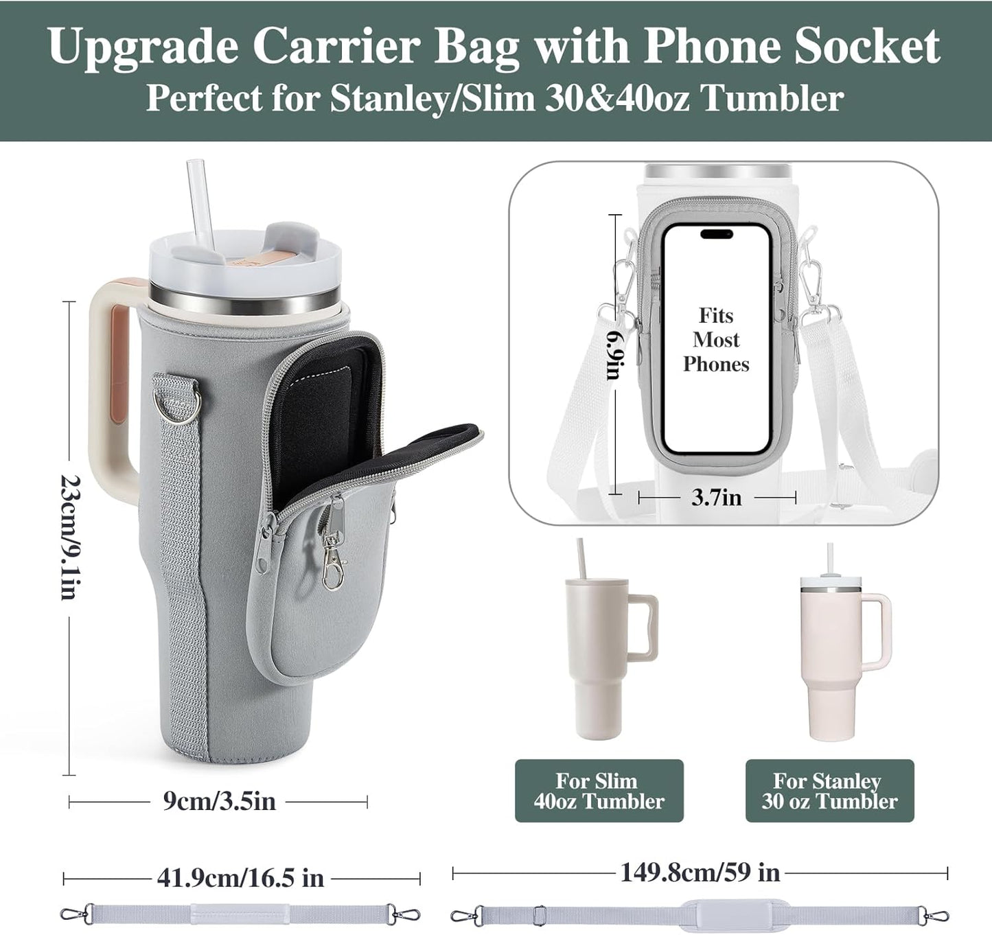 linmaya Water Bottle Carrier Bag for Stanley Cup 40/30oz with Phone Holder Pockets,Neoprene Water Bottle Cross-body Bag with Adjustable Shoulder & Hand Strap Stanley Cup Accessories