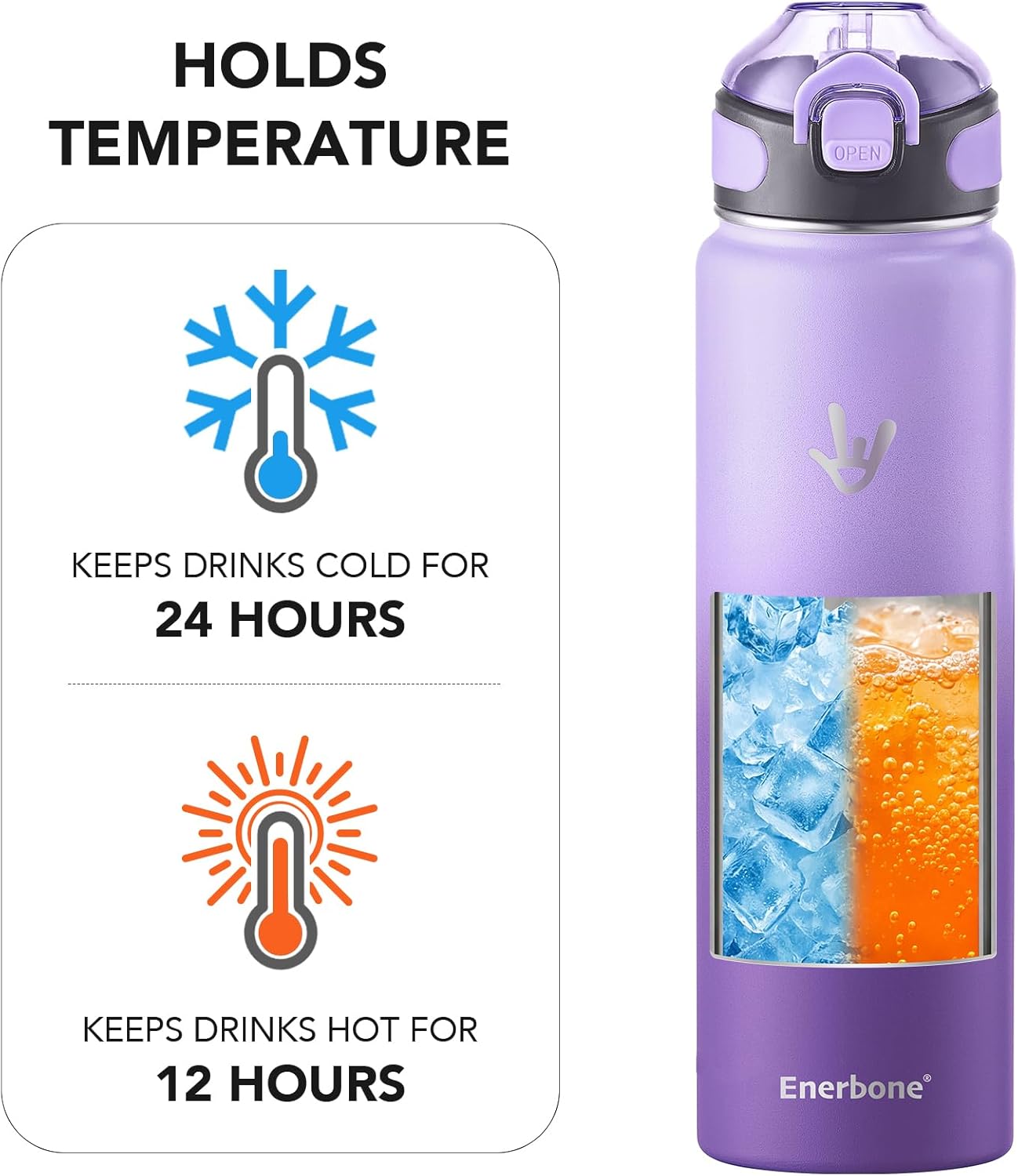 Enerbone 24 oz Insulated Water Bottle, Stainless Steel Bottle with Carrying Strap, Double-Wall Vacuum Insulation Design, Leakproof Sports Bottle with Straw, Keep Drinks Cold or Hot for Hours