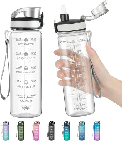 Enerbone Water Bottle, Leakproof BPA & Toxic Free, Motivational Water Bottle with Times to Drink and Straw, Fitness Sports Water Bottle with Strap for Office, Gym, Outdoor Sports