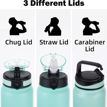 Oldley Insulated Water Bottle 20oz for Adults Kids Stainless Steel Water Bottles with Straw/Chug/Carabiner 3 Lids Fruit Strainer Double Wall Vacuum Wide Mouth BPA Free Leak-Proof for School Travel
