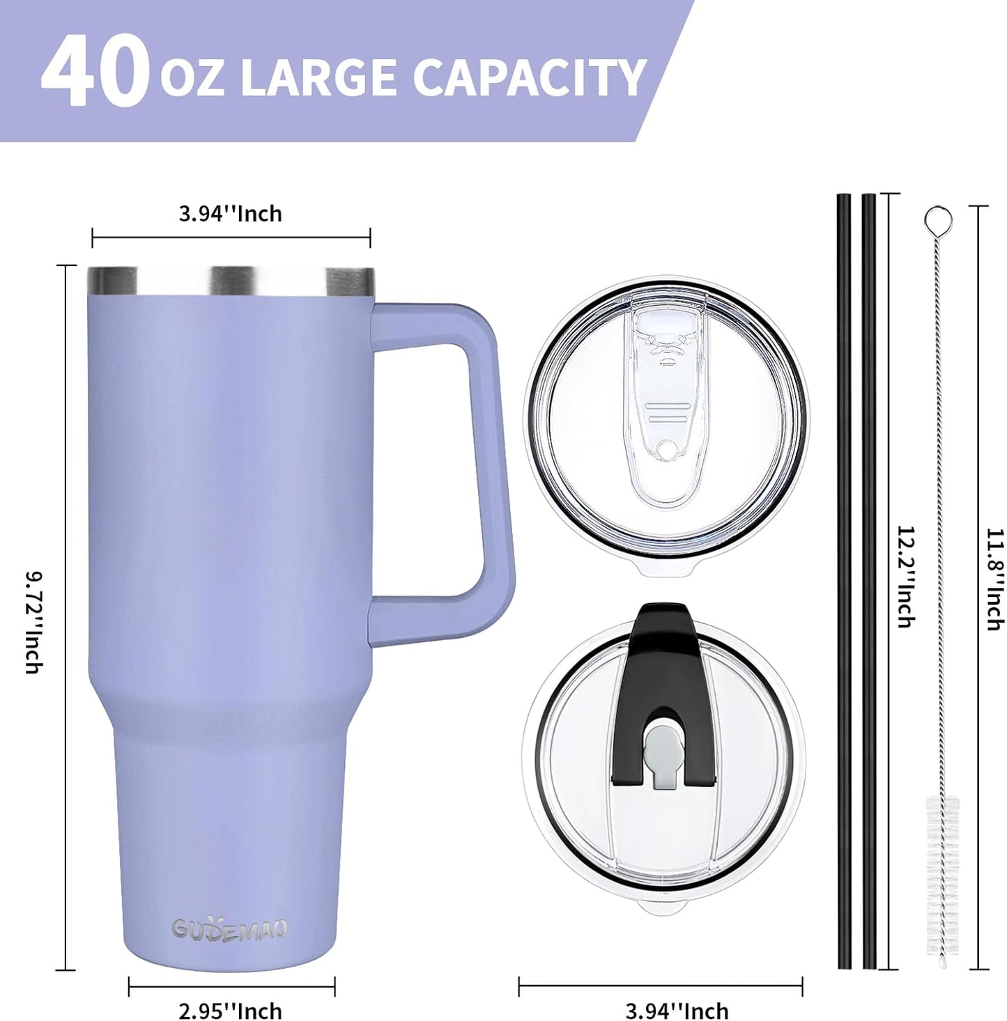40 oz Tumbler with Handle, Insulated Tumbler with Lid and Straw, Reusable Stainless Steel Vacuum Insulated Cup, 100% Leak Proof Thermal Travel Coffee Mug Cup for Cold and Hot (Light Purple)