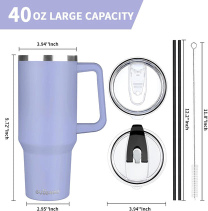 40 oz Tumbler with Handle, Insulated Tumbler with Lid and Straw, Reusable Stainless Steel Vacuum Insulated Cup, 100% Leak Proof Thermal Travel Coffee Mug Cup for Cold and Hot (Light Purple)