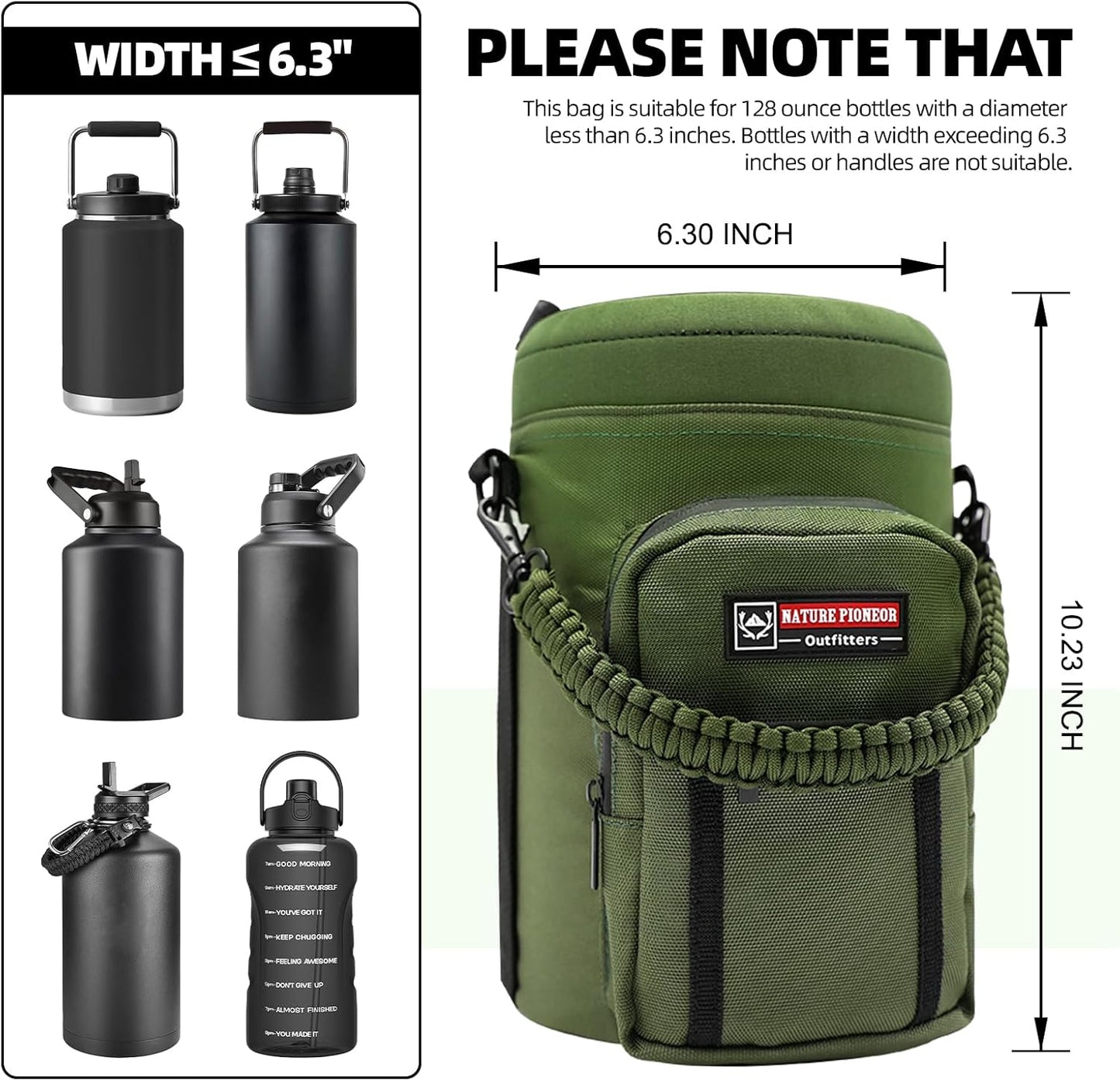 NATURE PIONEOR Water Bottle Holder with Adjustable Strap - Half/One Gallon (64/128oz) Insulated Water Bottle Sling Carrier with Phone Pocket & Paracord Handle, Outdoor Camping, Hiking, Gym