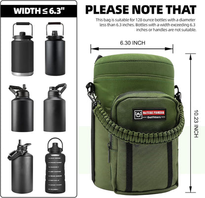 NATURE PIONEOR Water Bottle Holder with Adjustable Strap - Half/One Gallon (64/128oz) Insulated Water Bottle Sling Carrier with Phone Pocket & Paracord Handle, Outdoor Camping, Hiking, Gym