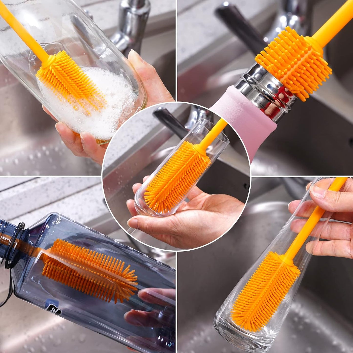 3-in-1 Silicone Bottle Brush and Straw Cleaning Brush Set, Water Bottle Cleaner for Narrow Neck Containers, Tumblers, Flask, Vase and Glassware (Turquoise)