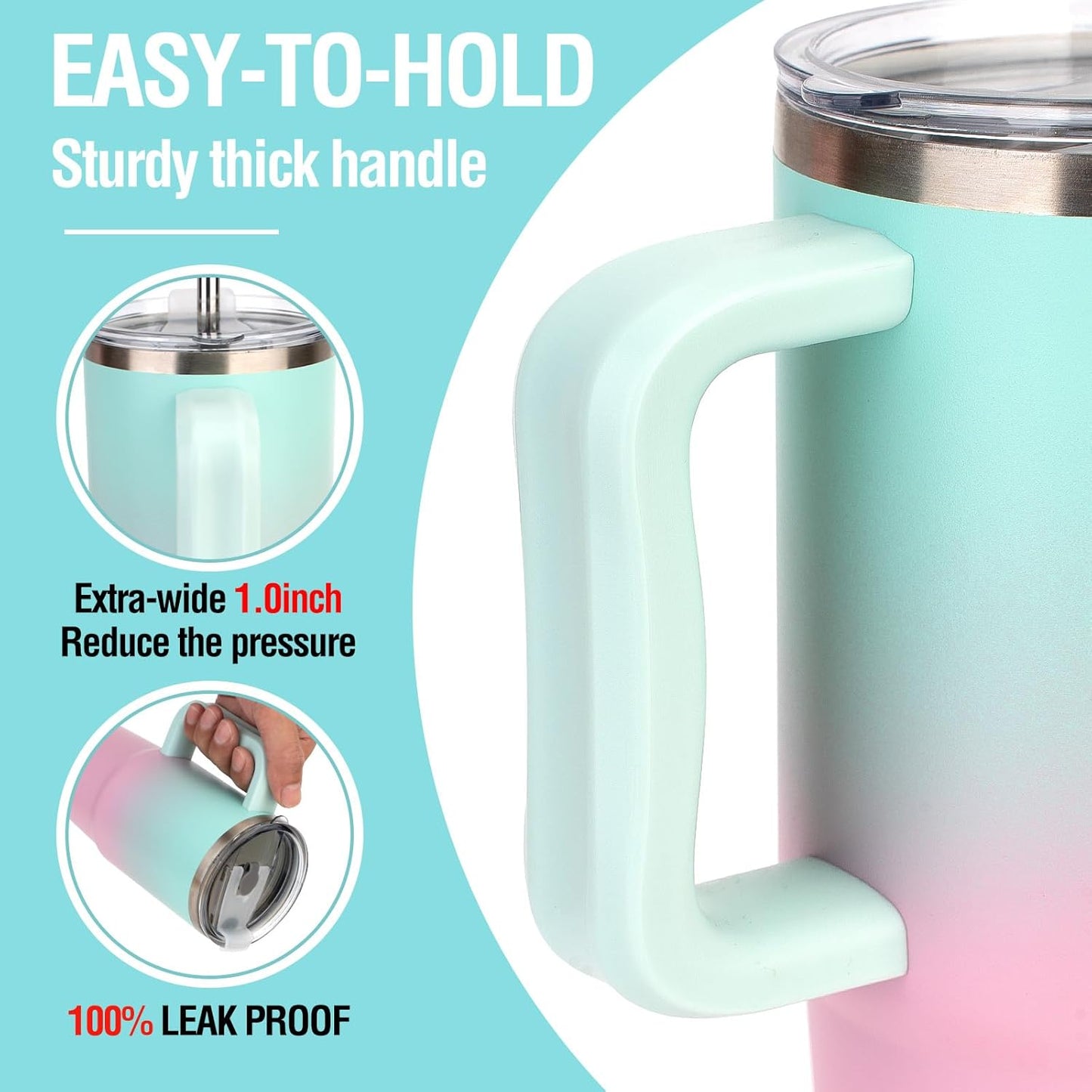 Zukro 24 oz Ceramic Lined Tumbler with Handle and Straw, No Metal Taste, Insulated Stainless Steel Coffee Mug with Spill Proof Lids for Home/Office, No Sweat, Keep Drinks Hot or Cold, Black