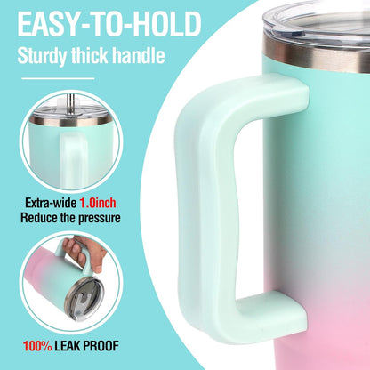 Zukro 24 oz Ceramic Lined Tumbler with Handle and Straw, No Metal Taste, Insulated Stainless Steel Coffee Mug with Spill Proof Lids for Home/Office, No Sweat, Keep Drinks Hot or Cold, Black
