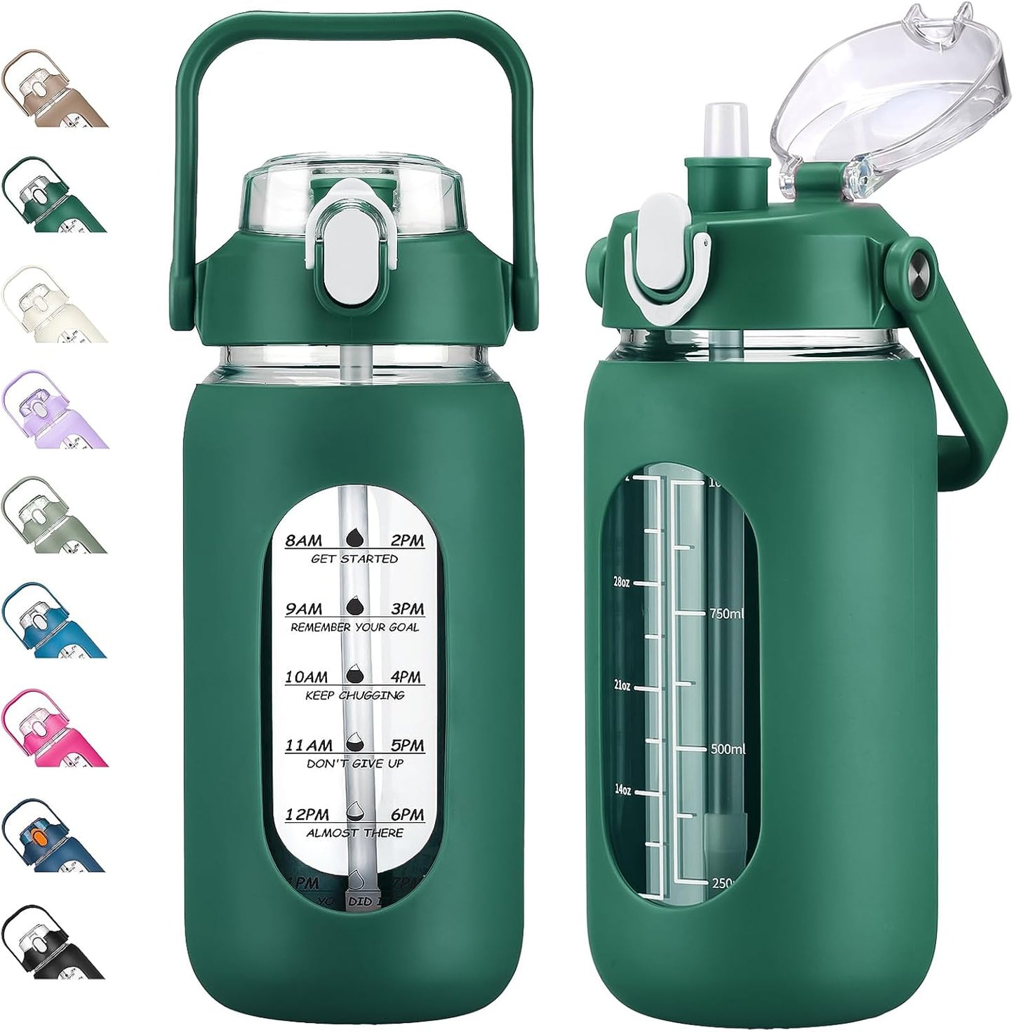 64oz Glass Water Bottles with Straw, Half Gallon Motivational Glass Bottle with Silicone Sleeve and Time Marker, 2L Leakproof Large Glass Water Jug for Gym Home Office,olive