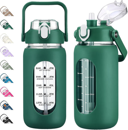 64oz Glass Water Bottles with Straw, Half Gallon Motivational Glass Bottle with Silicone Sleeve and Time Marker, 2L Leakproof Large Glass Water Jug for Gym Home Office,olive