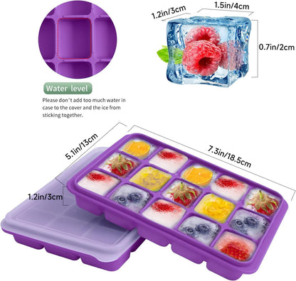 Ice Cube Trays Set of 2, Easy Release 15 Flexible Silicone Ice Cube Molds with Removable Lid Reusable Freezer Ice Trays Stackable for Whiskey, Baby Food, BPA Free (BAMBOO GREEN)