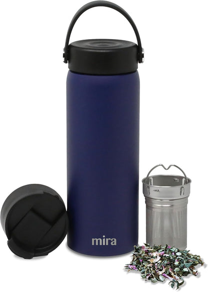 MIRA 18 oz Tea Infuser Thermo - Stainless Steel Travel Bottle with Removable Strainer for Loose Leaf Tea - Insulated Hot & Cold Brew Steeper - White