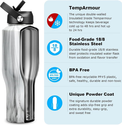 HYDROWION 32oz Stainless Steel Water Bottle(Cold for 48 Hrs, Hot for 24 Hrs),Double Wall Vacuum Insulated Water Bottle with Straw Lid, Spout Lid and Flex Cap, Fit in Any Car Cup Holder,Black