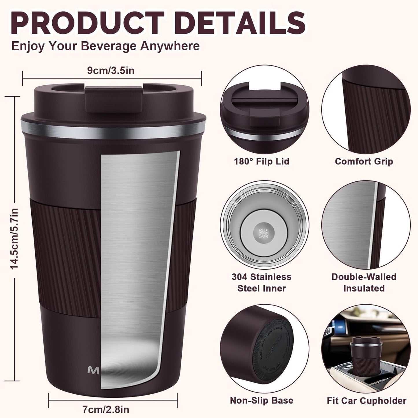 MOMSIV 12oz Travel Mug, Insulated Coffee Cup with Leakproof Lid, Travel Coffee Mug Vacuum Stainless Steel Double Walled Reusable Coffee Cup for Hot and Cold Water Coffee