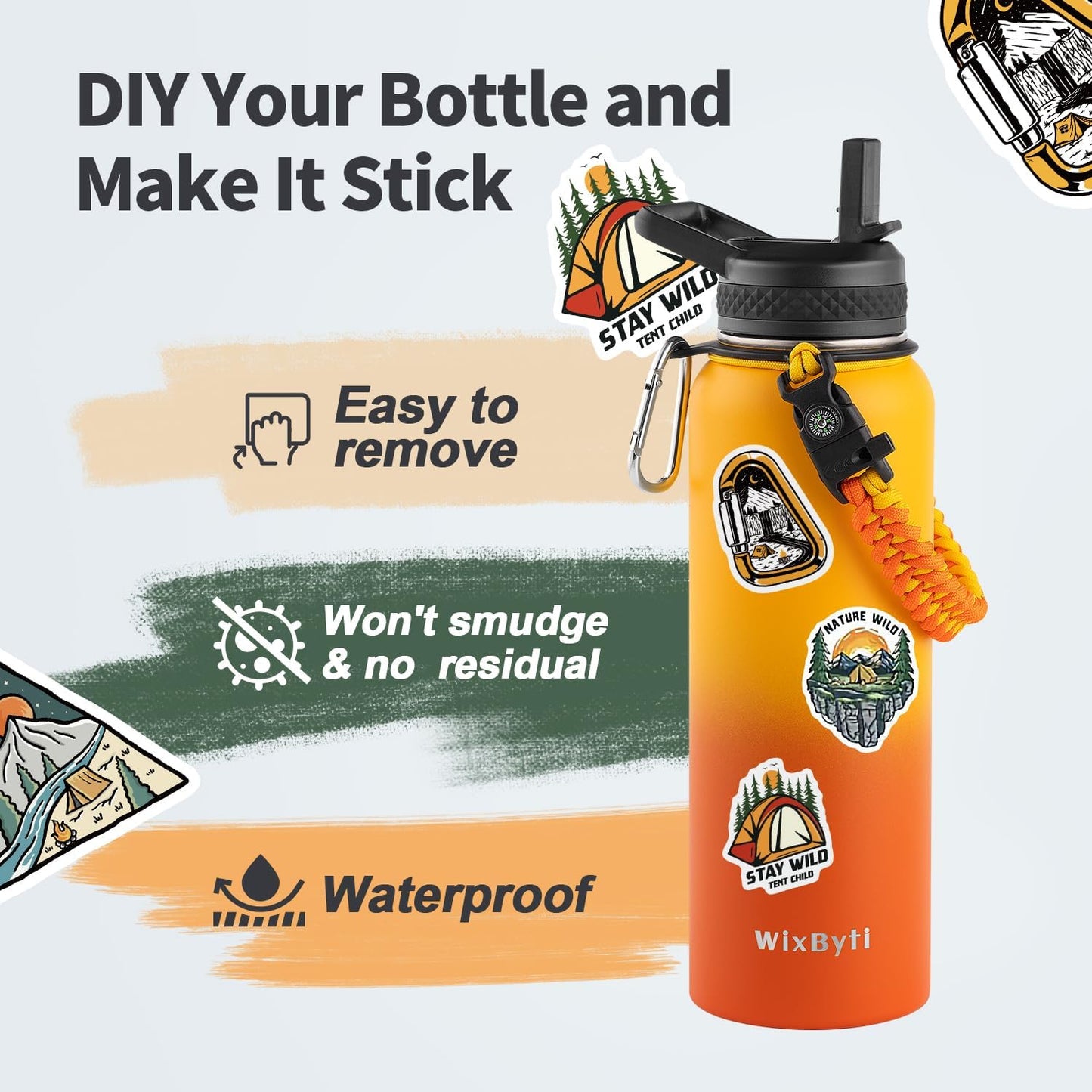 WixByti 40 oz Insulated Water Bottle with Straw (Cold for 36 Hrs), Stainless Steel Triple Wall Vacuum Sports Water Jug, Leakproof Hydro Cup Flask with Paracord Handle & Straw Spout Lids & DIY Stickers