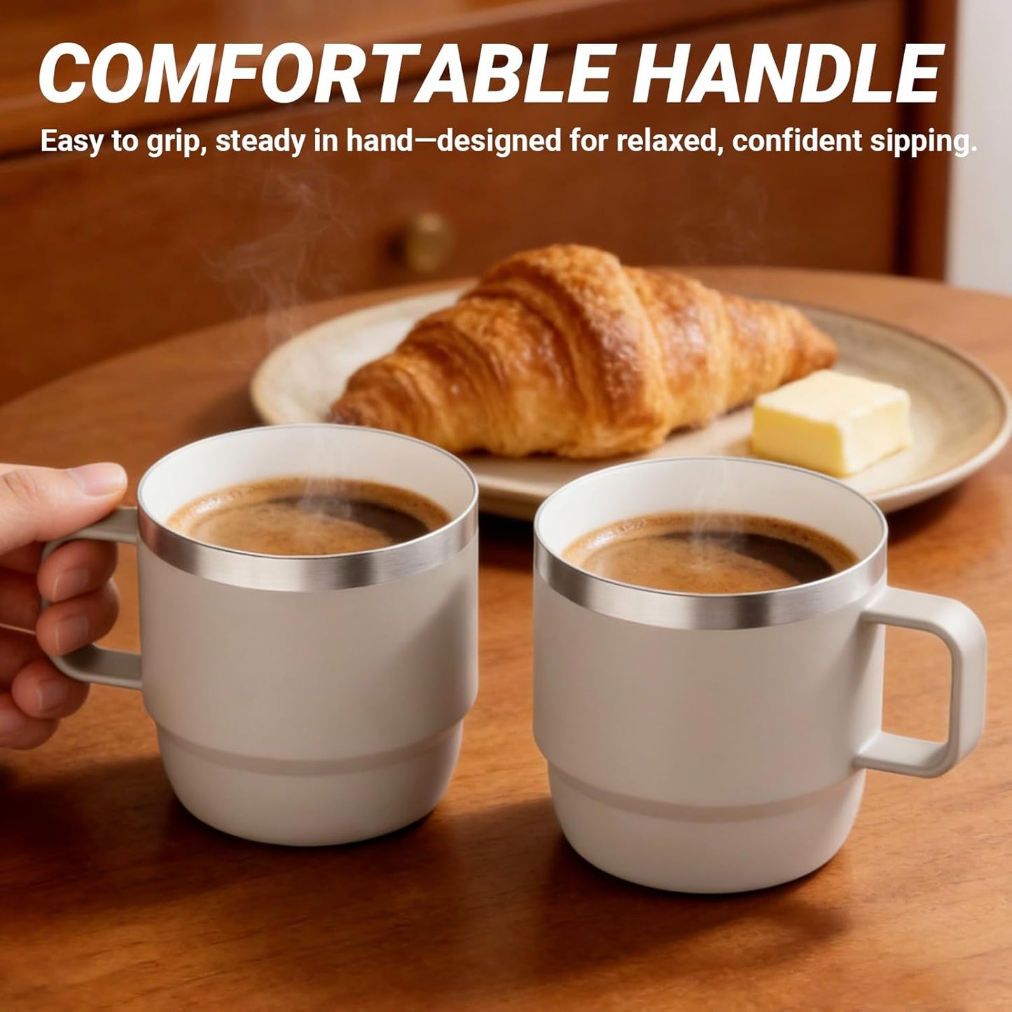 8 oz Small Coffee Mug with Magnetic Sliding Lid & Handle, Ceramic-Lined 18/8 Stainless Steel, Double-Wall Vacuum Insulated, Stackable, Dishwasher Safe, Mini Coffee/Tea Cup, 2 Pack, Black