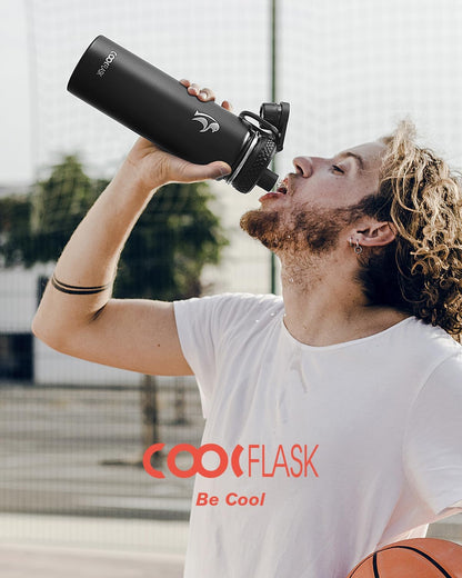 Half Gallon Water Bottle Insulated with Straw & 3 Lids, Coolflask 64 oz Water Jug Large Metal Stainless Steel Wide Mouth for Sports, Gym or Office, Non-BPA Keep Cold 48H Hot 24H, Samurai Cyan