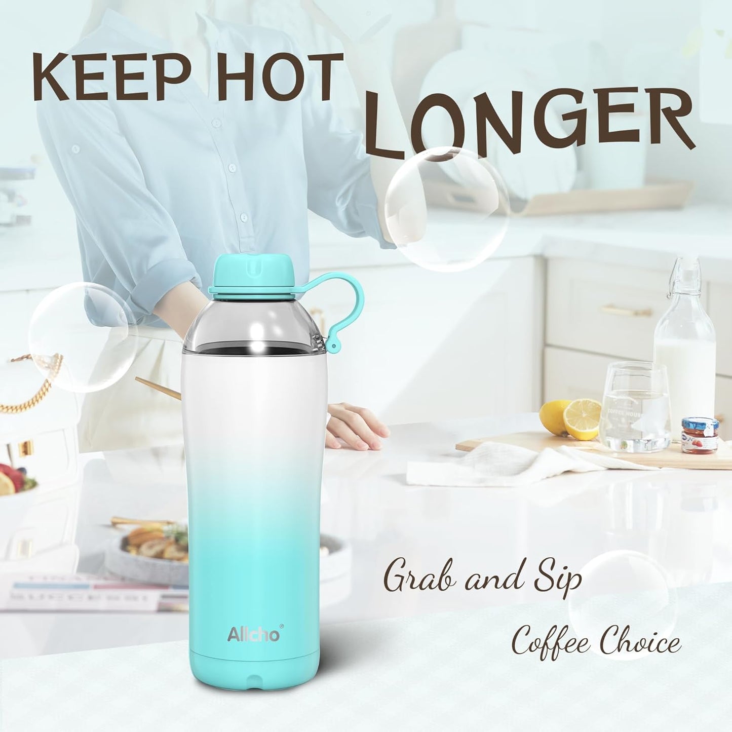 Allcho Insulated Water Bottle for Women, 18oz Stainless Steel Leak Proof Tumbler with 2 Lids, BPA-Free Tritan Chug & Straw Lid, Double Wall Vacuum Flask