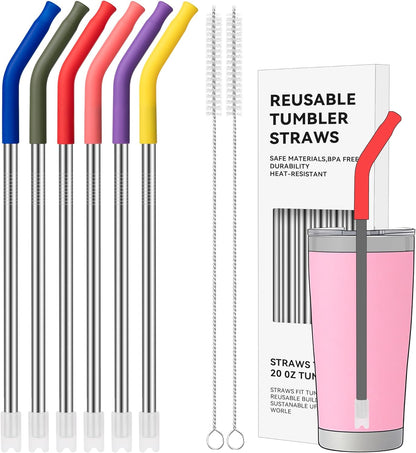 40 oz Straight Metal Straws for 40 oz Stanley Tumbler, 6 Pcs Stainless Steel Reusable Drinking Metal Straw with Colourful Silicone Tips,Straw for Glass Cups, BPA FREE