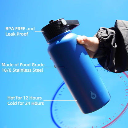BJPKPK Insulated Water Bottles with Straw Lid, 40oz Stainless Steel Water Bottles with 3 Lids, BPA Free Leakproof Thermo, Tumblers, Cups for Sports, Gym- Midnight - Colors A