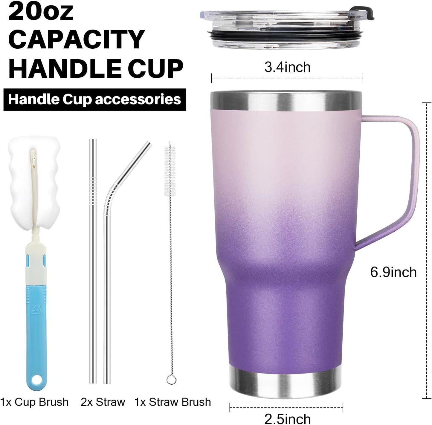 20 oz Tumbler with Handle, Stainless Steel Insulated Tumbler with Lid and Straw, Double Wall Vacuum Coffee Mug Tumbler, Insulated Coffee Thermal Cup for Cold and Hot (Light Purple)