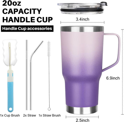 20 oz Tumbler with Handle, Stainless Steel Insulated Tumbler with Lid and Straw, Double Wall Vacuum Coffee Mug Tumbler, Insulated Coffee Thermal Cup for Cold and Hot (Light Purple)