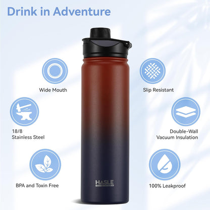 HASLE OUTFITTERS 32 oz Insulated Water Bottle Stainless Steel Double Walled Vacuum Sports Water Bottle with 2 Lids (Straw and Spout Lid) for Gym Camping Hiking(Black,1)