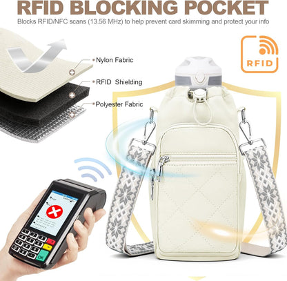 SYTRAH Water Bottle Carrier Bag with Strap, Water Bottle Purse with Phone Pocket 40oz for Walking Hiking