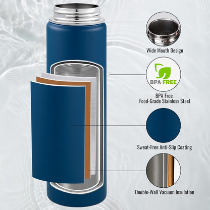 Fijinhom 24 oz Insulated Water Bottle with Handle, 304 Stainless Steel Water Bottles with Wide Mouth, Double Wall Vacuum Sports Water Bottle, BPA Free, Keep Cold and Hot, Black | with Handle