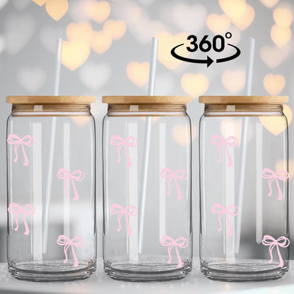 Coquette Cute Pink Bow Glass Cups with Lids and Straws, Aesthetic Iced Coffee Matcha Cup, Girly Preppy Design Tumbler Mug, Valentines Christmas Birthday Gifts for Women, Teen Girl Gifts Trendy Stuff