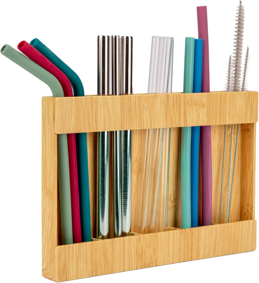 AURA Straw Holder Cabinet Organizer with Compartments, Kitchen Organization for Reusable Straws, Pantry, Office Supplies, 9.5 inches x 6.5 inches x 1 inch, Food-Safe Plastic, Bamboo