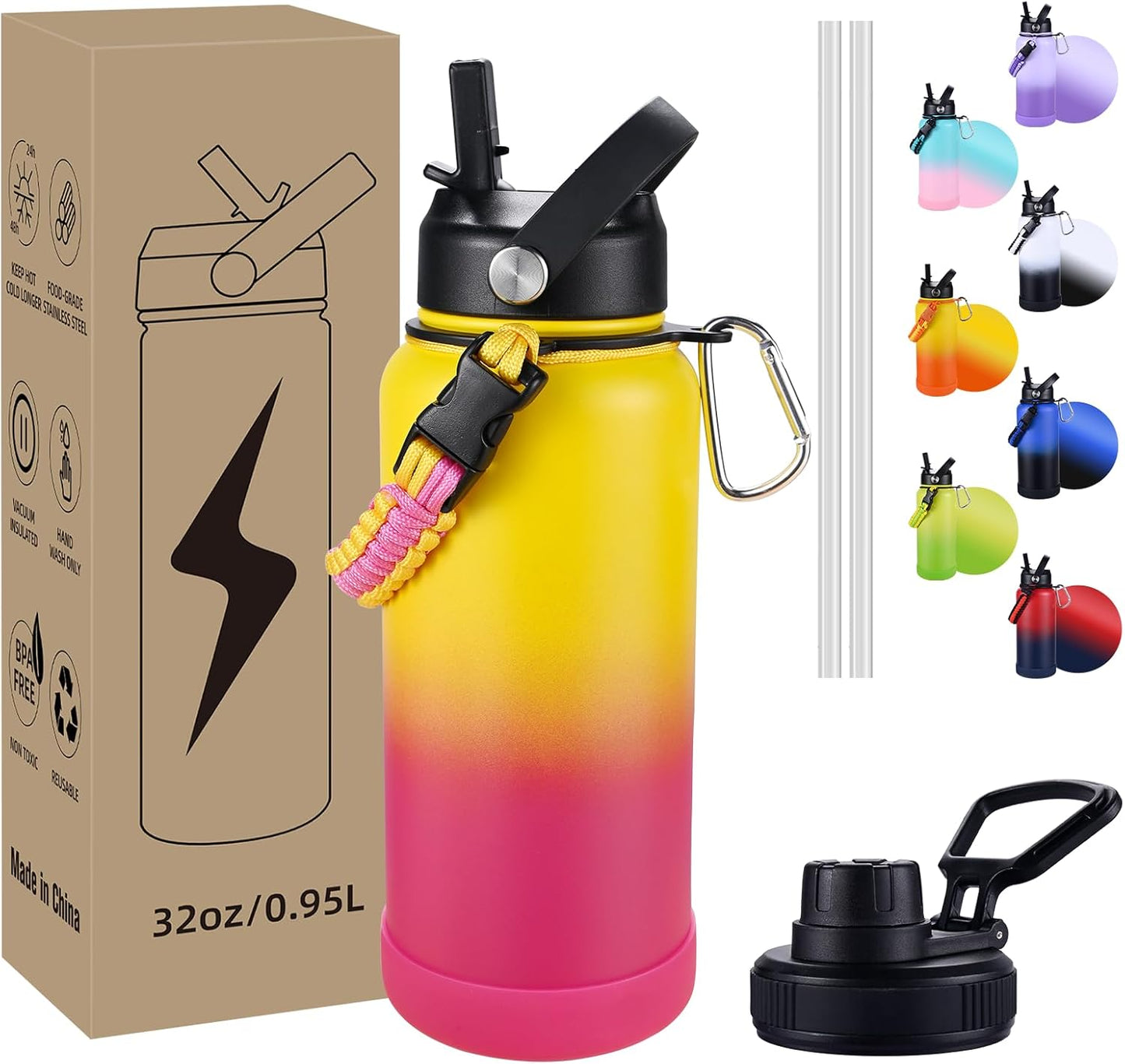 Insulated Water Bottle, 32 oz Stainless Steel Wide Mouth Water Bottles with 2 Leak Proof Lid and Paracord Handle, Double Wall Vacuum Insulated Sports Water Bottle, Purple Black