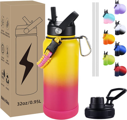 Insulated Water Bottle, 32 oz Stainless Steel Wide Mouth Water Bottles with 2 Leak Proof Lid and Paracord Handle, Double Wall Vacuum Insulated Sports Water Bottle, Purple Black