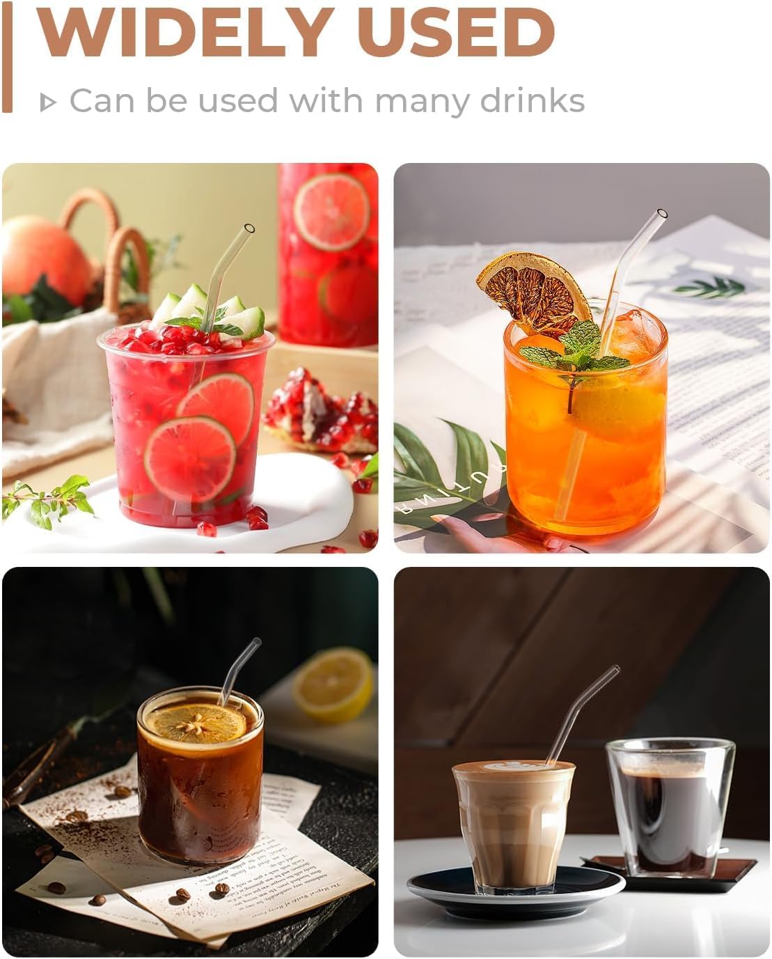 Foogwee® 20 Packs Reusable Glass Straws Set, 8.5'' x 10mm Clear Drinking Straws for Smoothies, Shakes, Coffee, Juice, Sodas, Milk, Tea, Cocktails, Set of 8 Straight and 8 Bent with 4 Cleaning Brushes