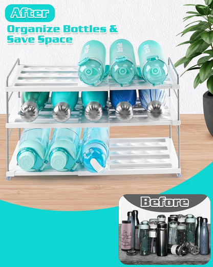 Cirhy Adjustable Water Bottle Organizer Holder for Cabinet, 3-Tier Expandable Water Bottle Storage Rack for Tumblers, Travel Mugs, and Cups – Kitchen Pantry Organization and Storage for Stanley Cups