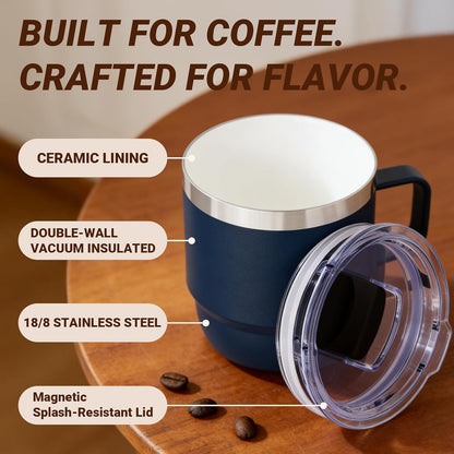 8 oz Small Coffee Mug with Magnetic Sliding Lid & Handle, Ceramic-Lined 18/8 Stainless Steel, Double-Wall Vacuum Insulated, Stackable, Dishwasher Safe, Mini Coffee/Tea Cup, 2 Pack, Black