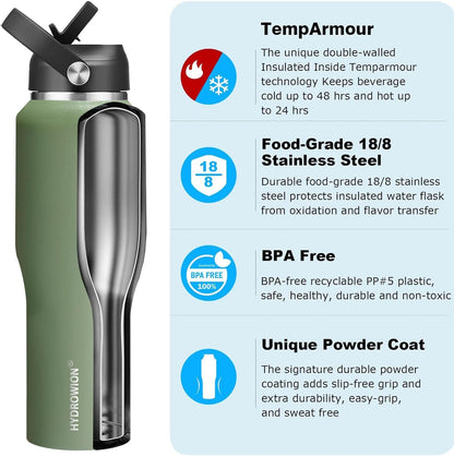HYDROWION 32oz Stainless Steel Water Bottle(Cold for 48 Hrs, Hot for 24 Hrs),Double Wall Vacuum Insulated Water Bottle with Straw Lid, Spout Lid and Flex Cap, Fit in Any Car Cup Holder,Black