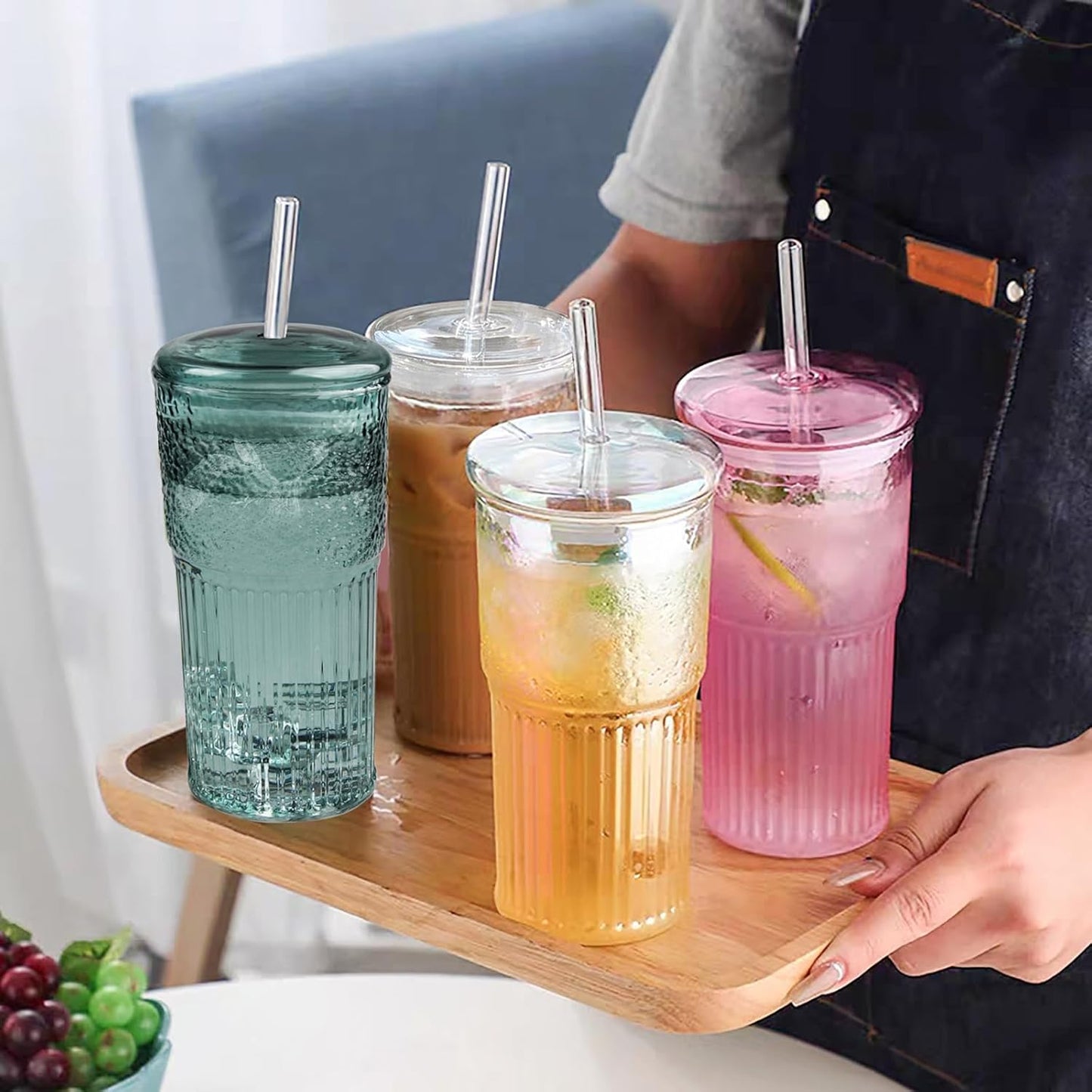 JunVpic Glass Cups with Lids and Straws,24oz Glass Tumbler with Handle Iced Coffee Cup for Coffee,Juice,Tea,Milk,Smoothie,Hot & Cold Drinks (Pink)